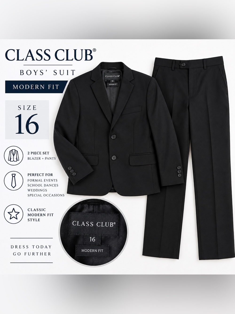 CLASS CLUB Boys' Modern Fit Black Suit - 2-Piece Blazer & Pants